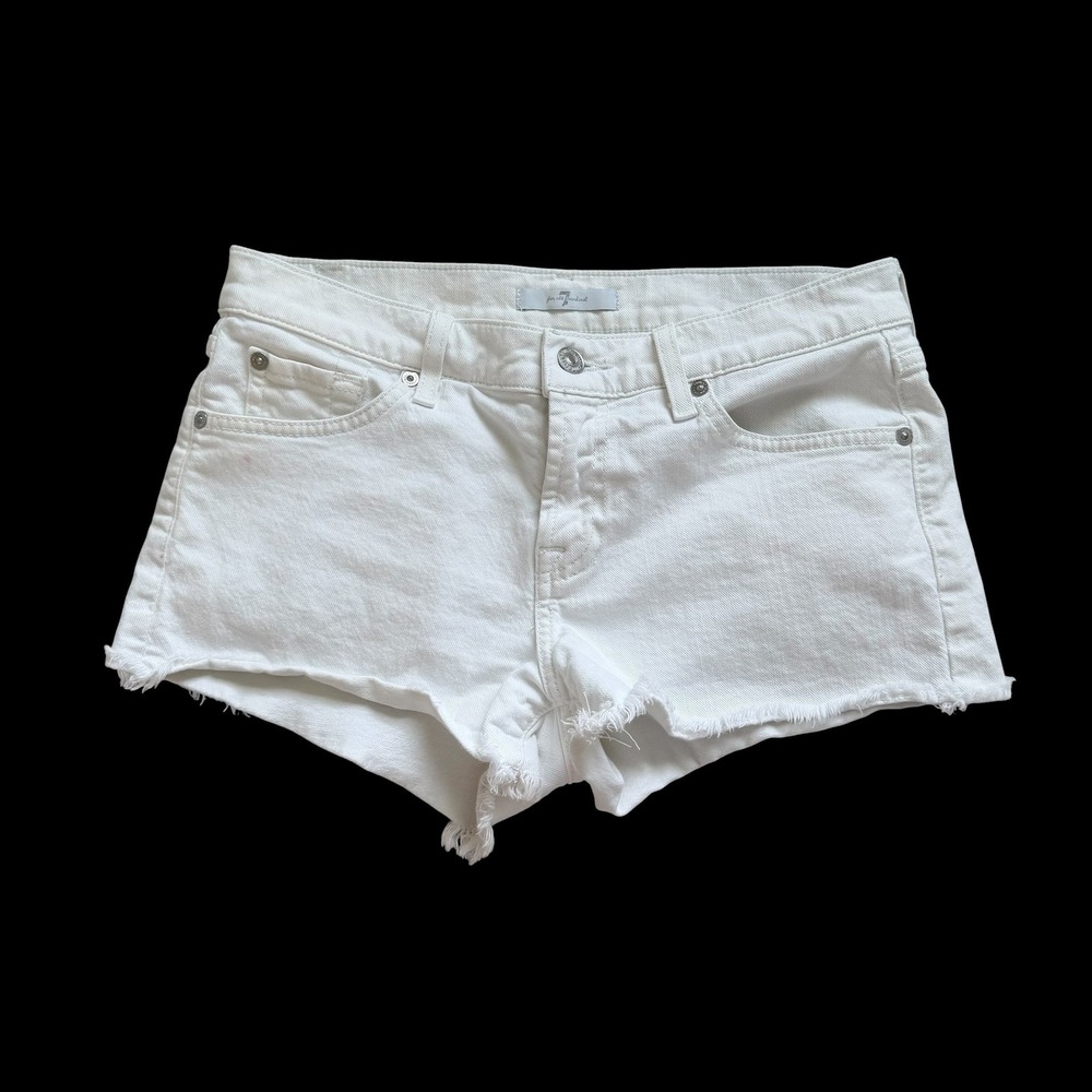 7 For All Mankind White Denim Cut Off Shorts Raw Hem Size 26 Low Rise Frayed